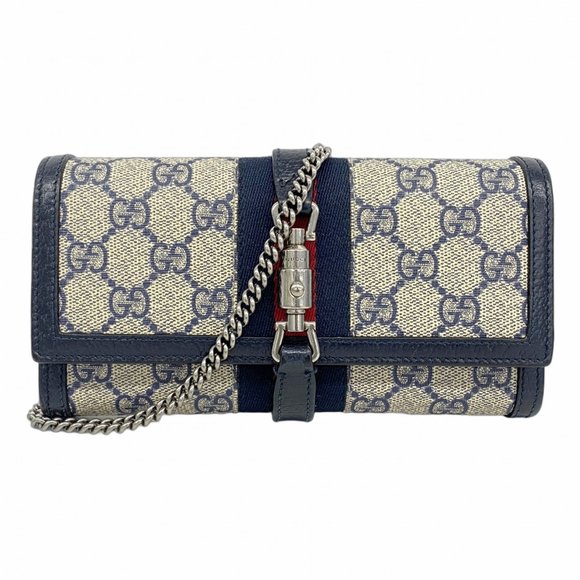 Gucci GG Supreme Sherry Line Jackie Shoulder Wallet 652681 Beige Navy Women's - Picture 1 of 10